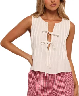 Women Striped Tie Front Top Y2k Sleeveless Bow Knot Ruffle Hem Peplum Vest Summer Cute Babydoll Going Out Top