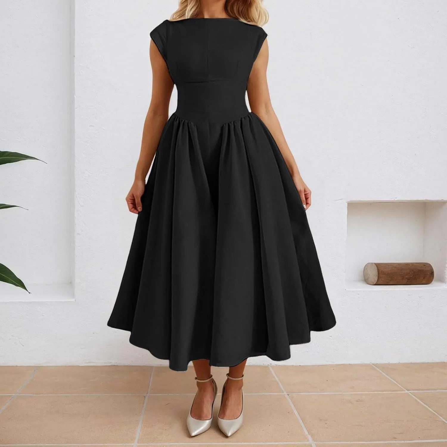 Women Summer Casual Dress Flowy Waist A-Line Midi Dress for Vacation Party Wedding Guest Formal Evening Gown