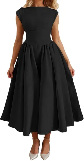 Women Summer Casual Dress Flowy Waist A-Line Midi Dress for Vacation Party Wedding Guest Formal Evening Gown