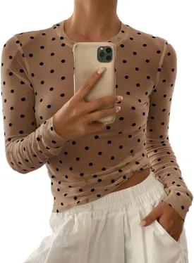 Women Trendy Crew Neck Polka Dot Sheer Mesh Blouse Sexy Slim Fit Long Sleeve See Through Crop Shirt Fall Clubwear