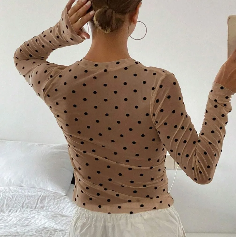 Women Trendy Crew Neck Polka Dot Sheer Mesh Blouse Sexy Slim Fit Long Sleeve See Through Crop Shirt Fall Clubwear