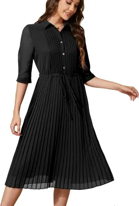 Women V Neck 3/4 Sleeve Pleated A-Line Dress with Belt Swing Midi Dresses for Spring Summer Autumn