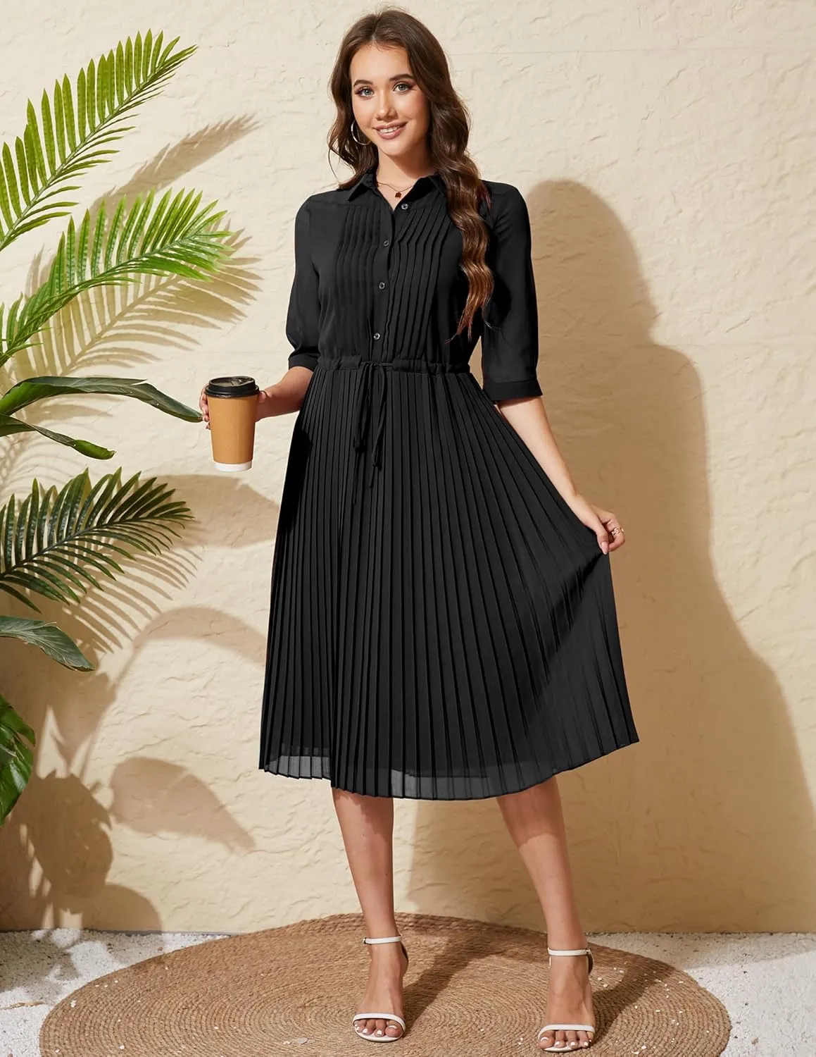 Women V Neck 3/4 Sleeve Pleated A-Line Dress with Belt Swing Midi Dresses for Spring Summer Autumn