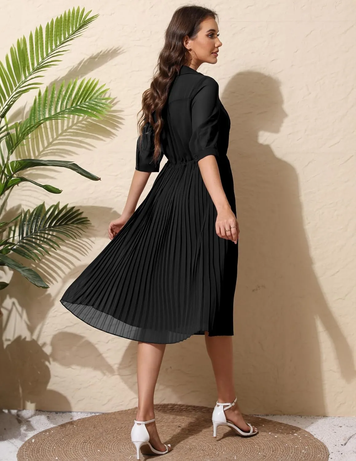 Women V Neck 3/4 Sleeve Pleated A-Line Dress with Belt Swing Midi Dresses for Spring Summer Autumn