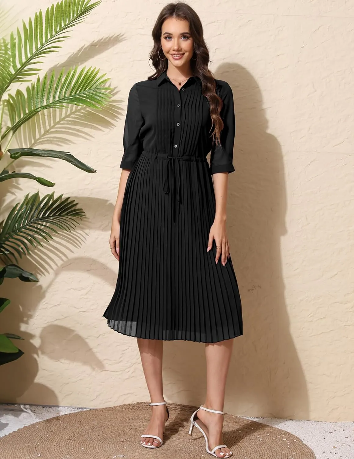 Women V Neck 3/4 Sleeve Pleated A-Line Dress with Belt Swing Midi Dresses for Spring Summer Autumn