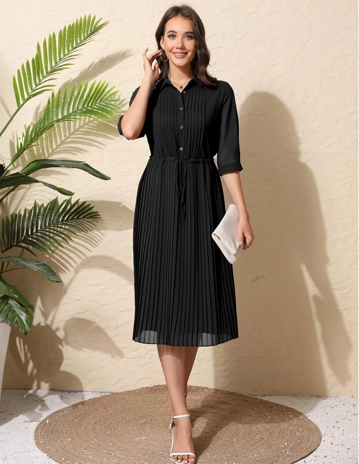 Women V Neck 3/4 Sleeve Pleated A-Line Dress with Belt Swing Midi Dresses for Spring Summer Autumn