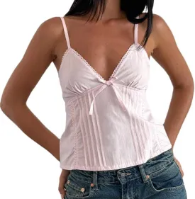 Women Y2k Babydoll Tank Tops Lace Trim V Neck Crop Cami Spaghetti Strap Peplum Top Summer Cute Aesthetic Flowy Shirts