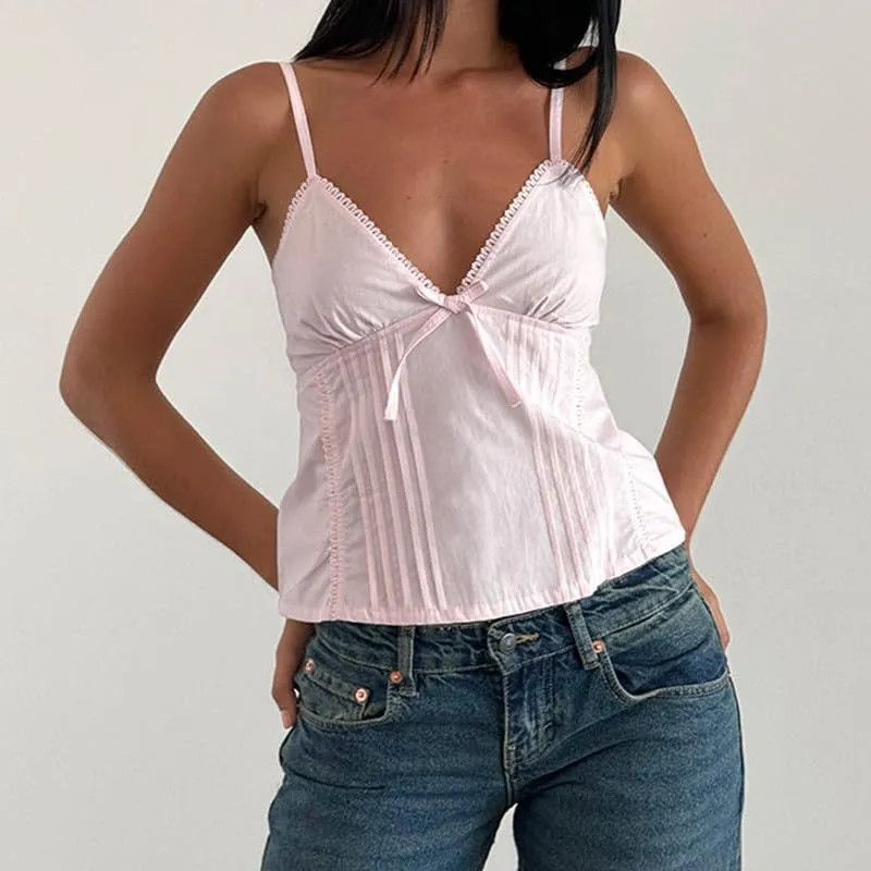 Women Y2k Babydoll Tank Tops Lace Trim V Neck Crop Cami Spaghetti Strap Peplum Top Summer Cute Aesthetic Flowy Shirts
