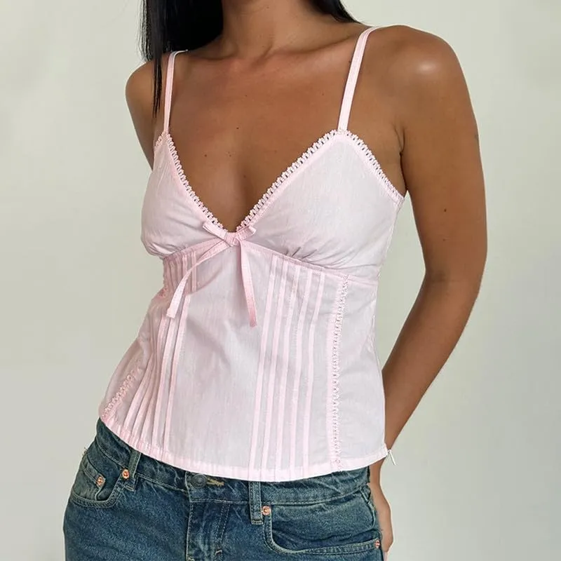 Women Y2k Babydoll Tank Tops Lace Trim V Neck Crop Cami Spaghetti Strap Peplum Top Summer Cute Aesthetic Flowy Shirts