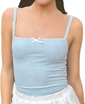 Women Y2K Lace Trim Crop Top Fairy Kawaii Bow Cami Top Cottage Vintage Slim Fit Tank Top Spaghetti Strap Vest Shirt