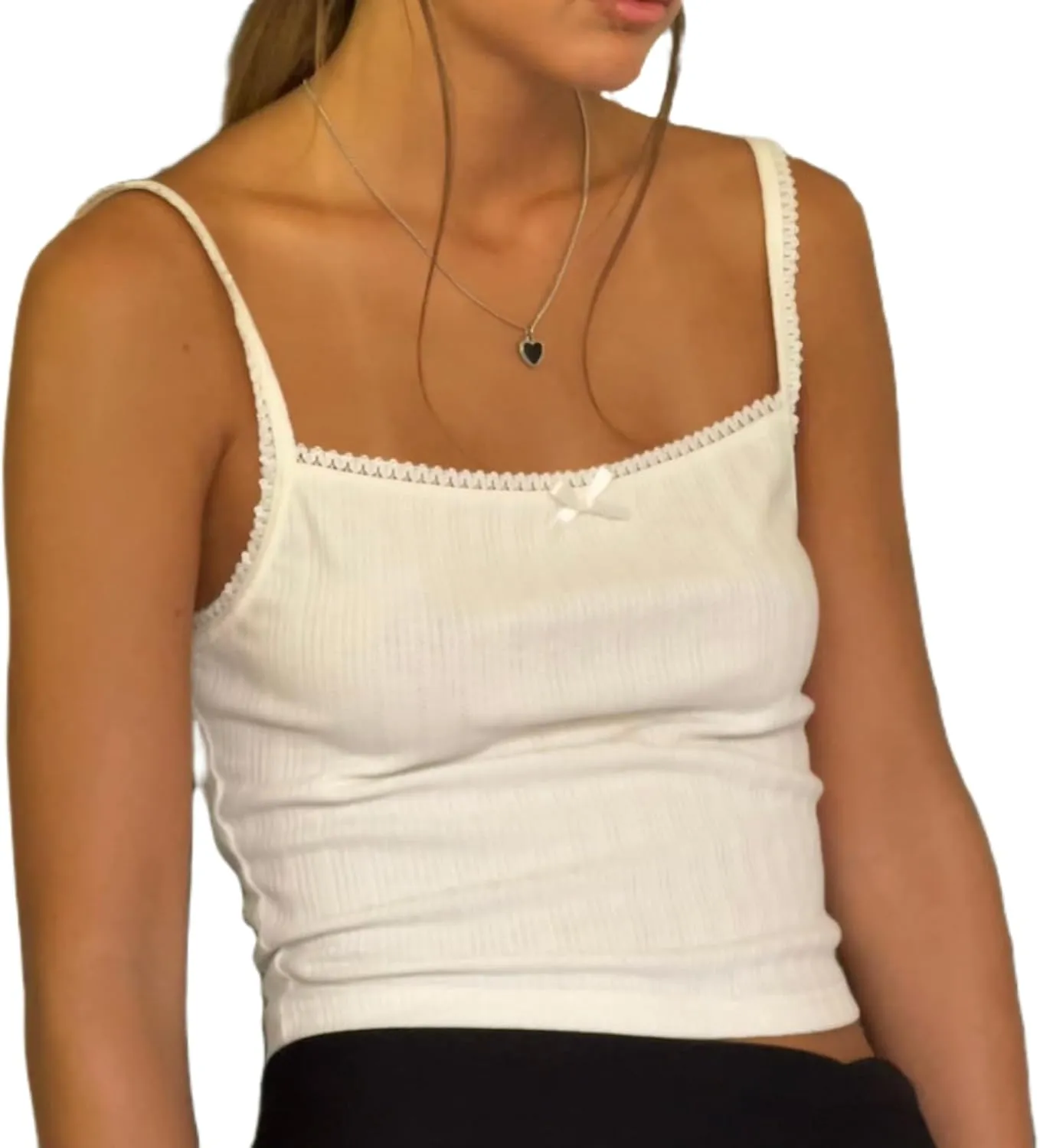 Women Y2K Lace Trim Crop Top Fairy Kawaii Bow Cami Top Cottage Vintage Slim Fit Tank Top Spaghetti Strap Vest Shirt