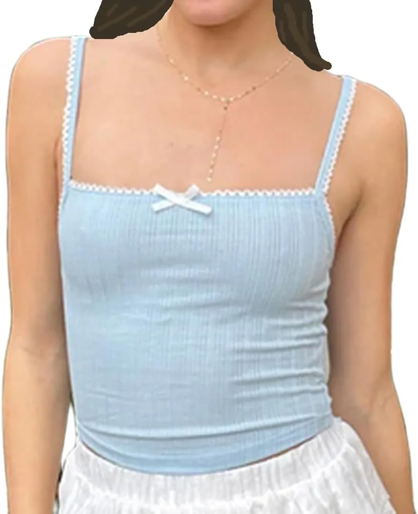 Women Y2K Lace Trim Crop Top Fairy Kawaii Bow Cami Top Cottage Vintage Slim Fit Tank Top Spaghetti Strap Vest Shirt