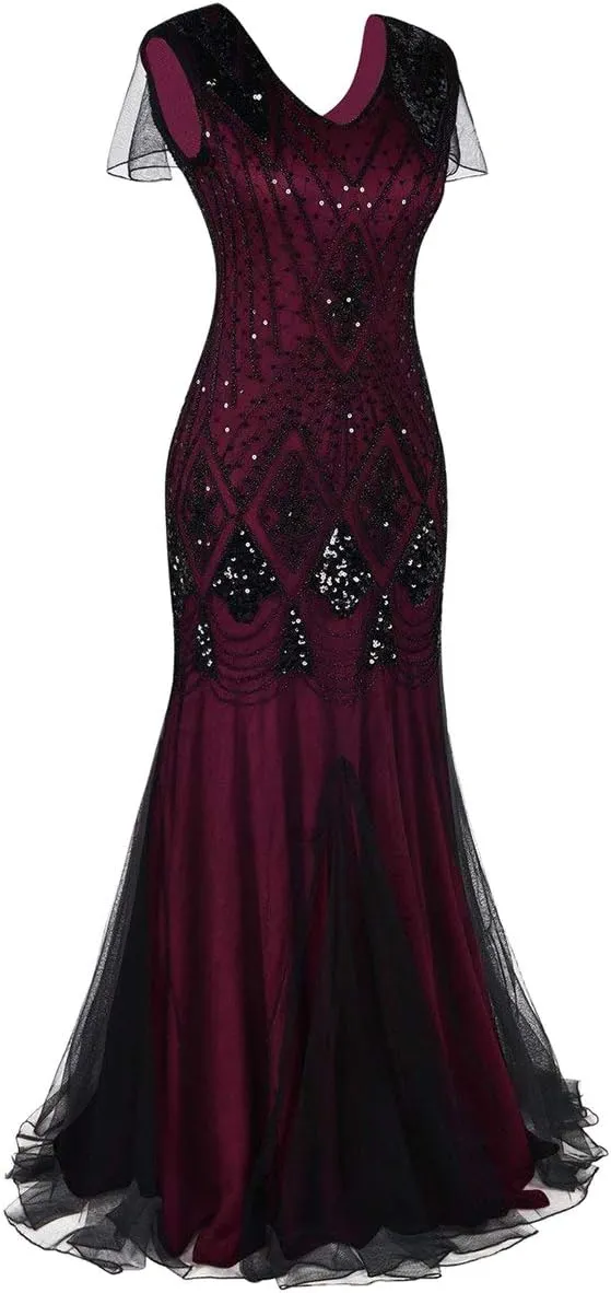 Women's 1920s Flapper Dress Vintage Great Gatsby Party Sequin Maxi Evening Cocktail Dresses with 20s Accessories Set