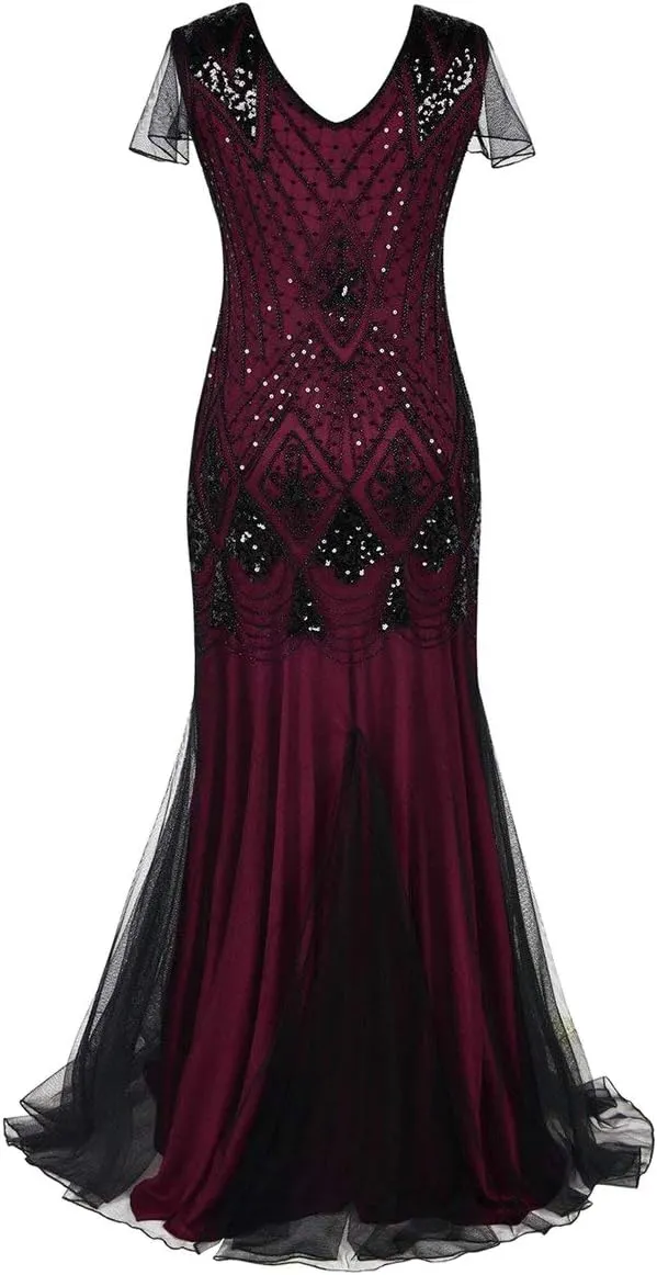 Women's 1920s Flapper Dress Vintage Great Gatsby Party Sequin Maxi Evening Cocktail Dresses with 20s Accessories Set
