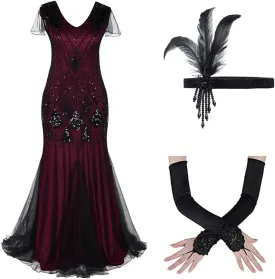 Women's 1920s Flapper Dress Vintage Great Gatsby Party Sequin Maxi Evening Cocktail Dresses with 20s Accessories Set
