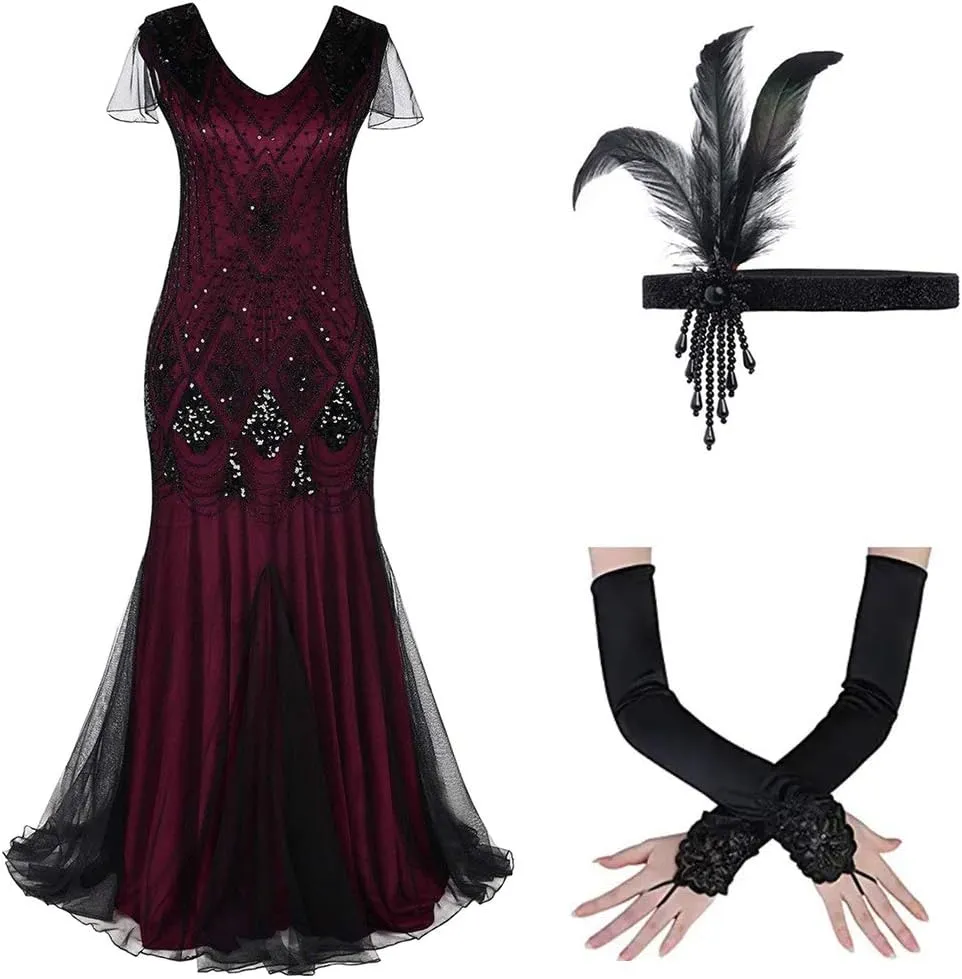 Women's 1920s Flapper Dress Vintage Great Gatsby Party Sequin Maxi Evening Cocktail Dresses with 20s Accessories Set