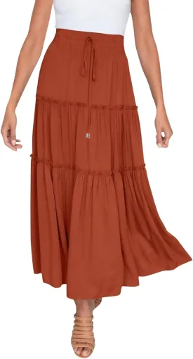Women's Boho Maxi Skirts Summer Flowy Drawstring High Waisted Skirt Casual Solid Color Ruffle Hem A Line Long Skort