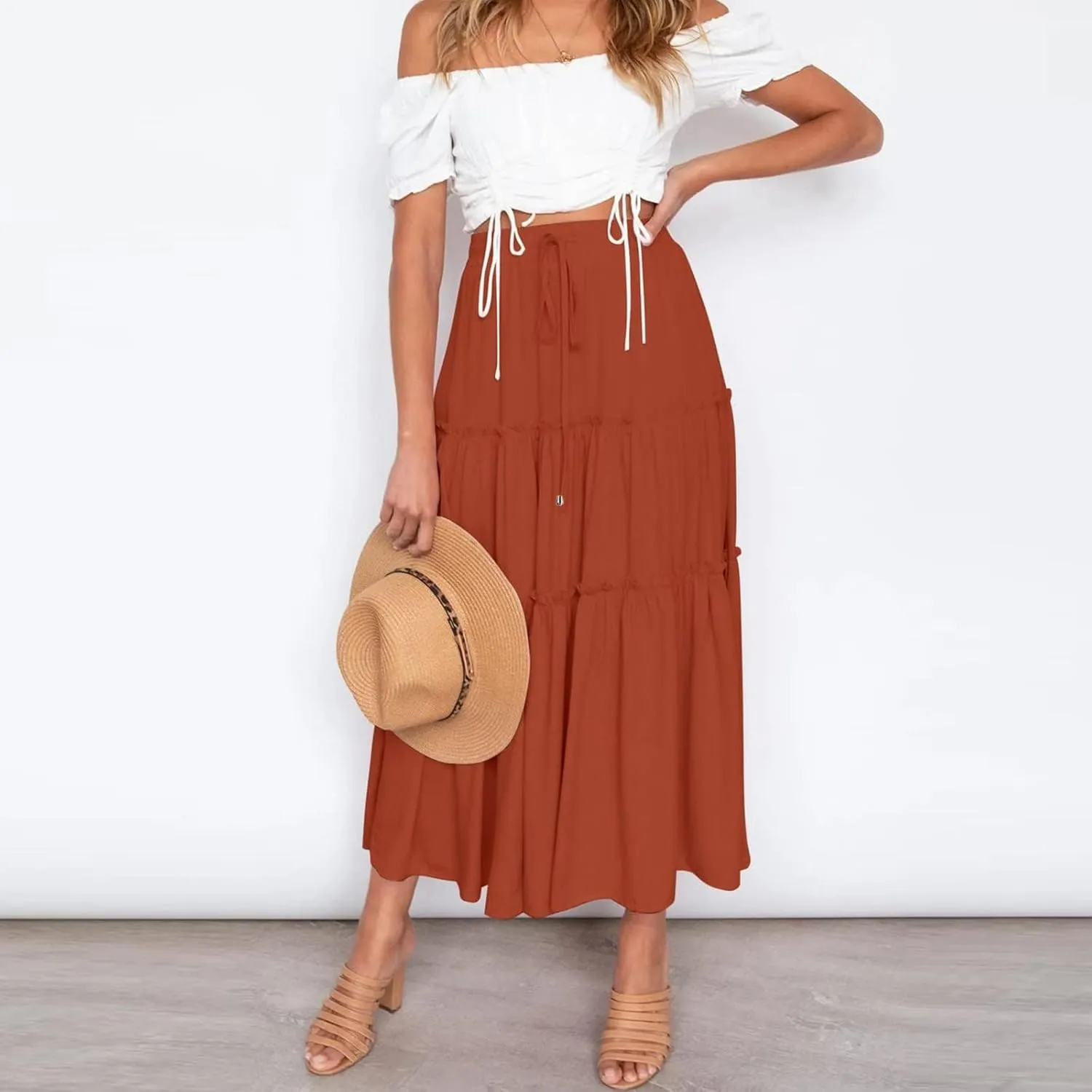Women's Boho Maxi Skirts Summer Flowy Drawstring High Waisted Skirt Casual Solid Color Ruffle Hem A Line Long Skort