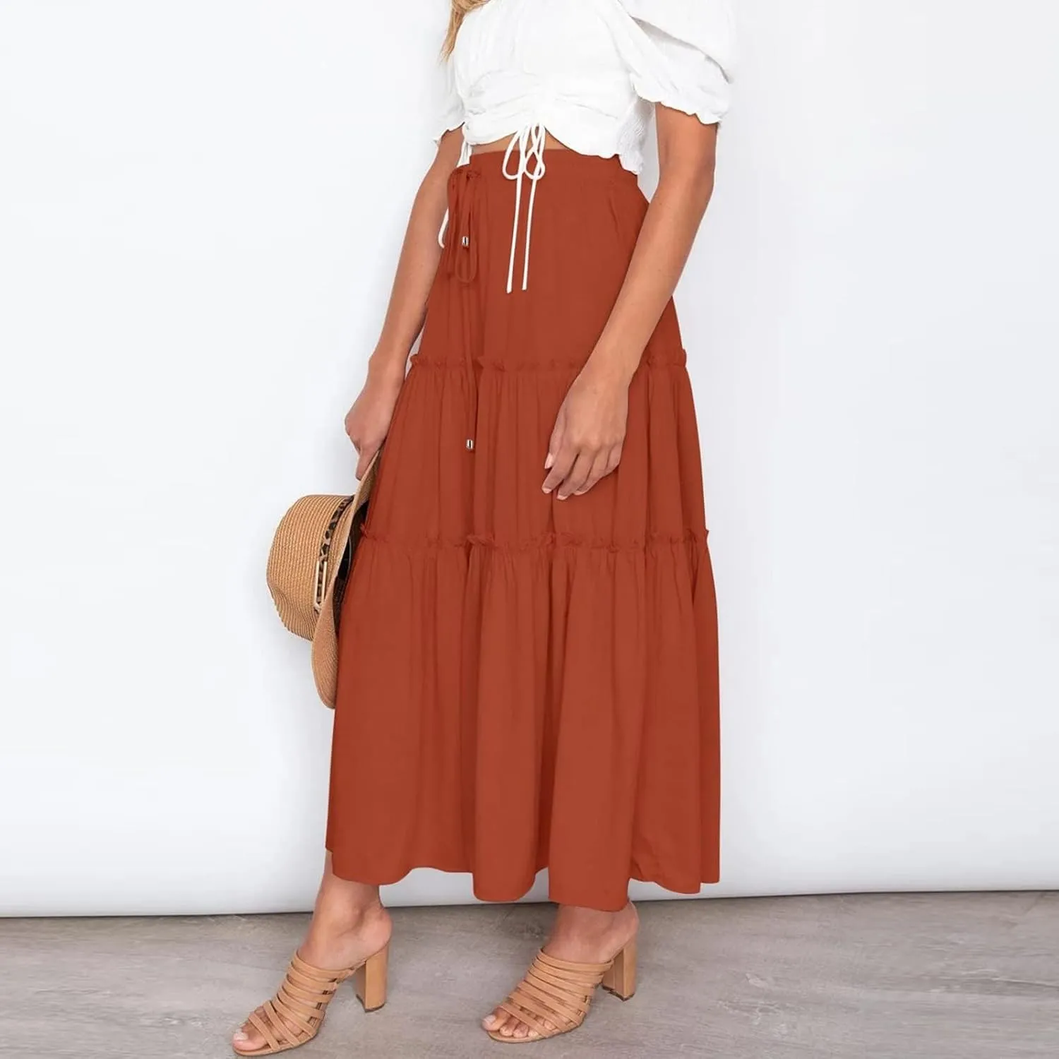Women's Boho Maxi Skirts Summer Flowy Drawstring High Waisted Skirt Casual Solid Color Ruffle Hem A Line Long Skort