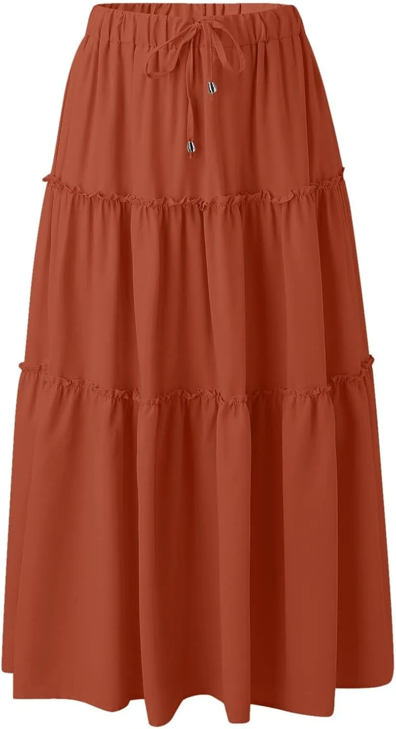 Women's Boho Maxi Skirts Summer Flowy Drawstring High Waisted Skirt Casual Solid Color Ruffle Hem A Line Long Skort