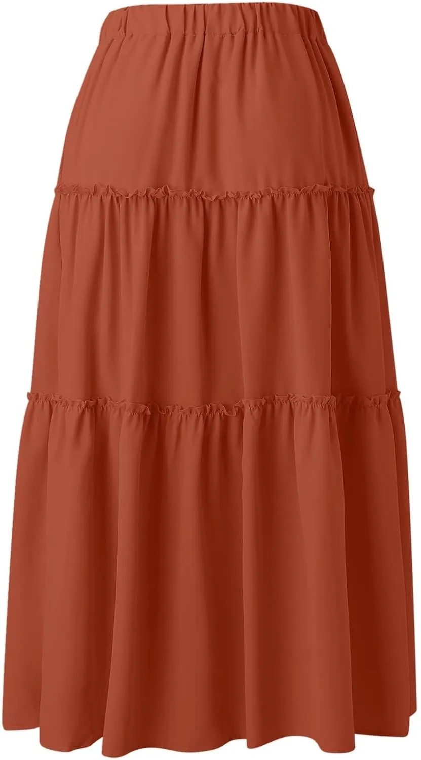 Women's Boho Maxi Skirts Summer Flowy Drawstring High Waisted Skirt Casual Solid Color Ruffle Hem A Line Long Skort