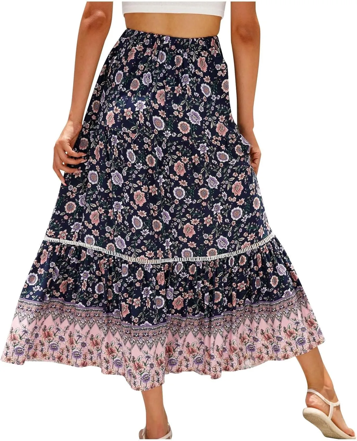Womens Boho Skirts Summer Flowy Elastic High Waisted Maxi Skirt Fashion Color Block Ruffle Hem A Line Floral Skirts