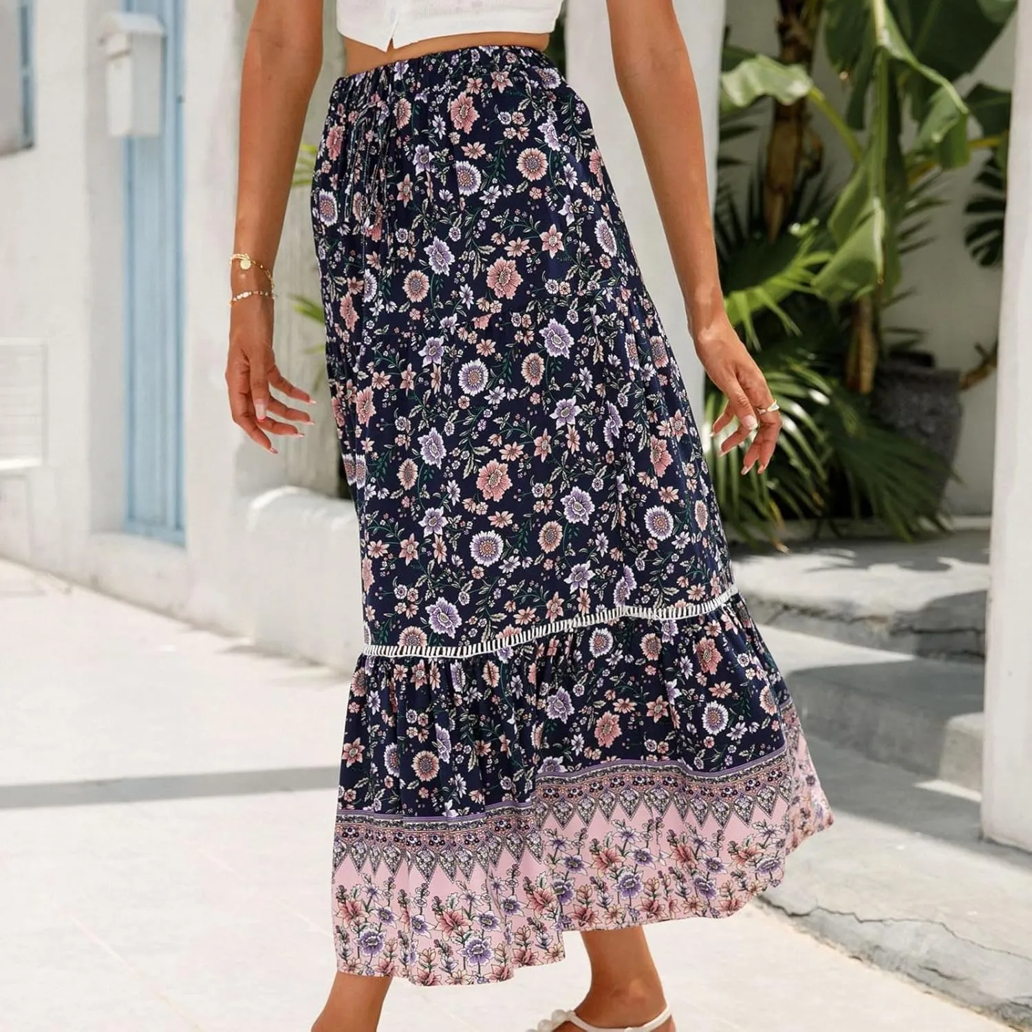 Womens Boho Skirts Summer Flowy Elastic High Waisted Maxi Skirt Fashion Color Block Ruffle Hem A Line Floral Skirts