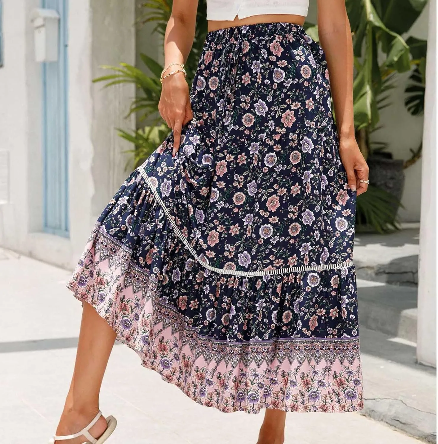 Womens Boho Skirts Summer Flowy Elastic High Waisted Maxi Skirt Fashion Color Block Ruffle Hem A Line Floral Skirts