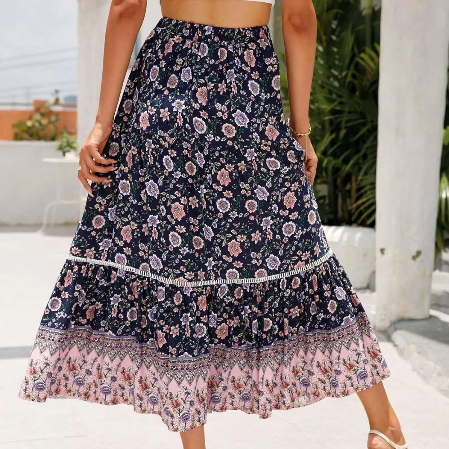 Womens Boho Skirts Summer Flowy Elastic High Waisted Maxi Skirt Fashion Color Block Ruffle Hem A Line Floral Skirts
