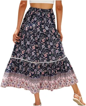 Womens Boho Skirts Summer Flowy Elastic High Waisted Maxi Skirt Fashion Color Block Ruffle Hem A Line Floral Skirts