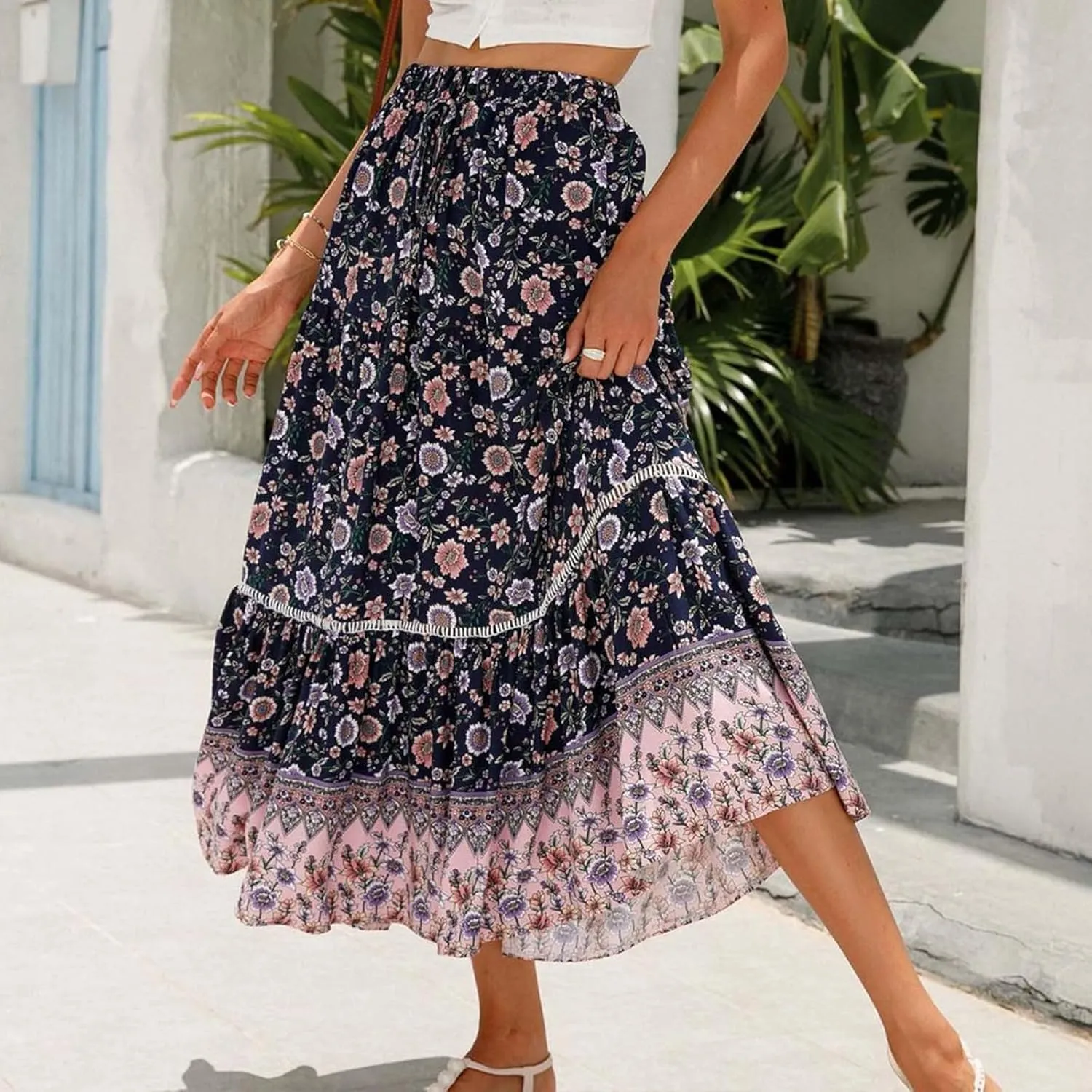 Womens Boho Skirts Summer Flowy Elastic High Waisted Maxi Skirt Fashion Color Block Ruffle Hem A Line Floral Skirts