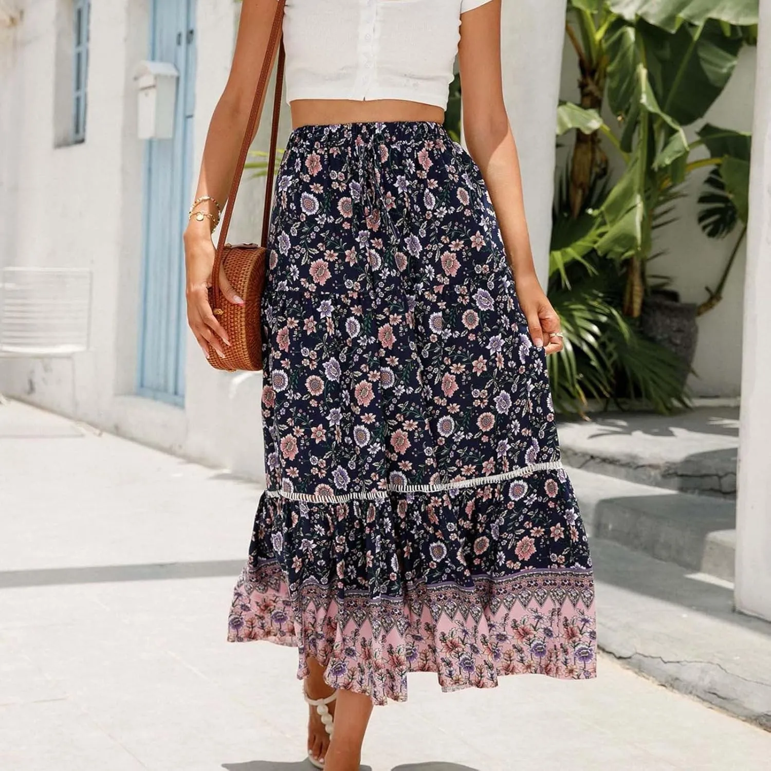 Womens Boho Skirts Summer Flowy Elastic High Waisted Maxi Skirt Fashion Color Block Ruffle Hem A Line Floral Skirts
