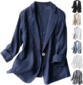 Women's Casual Linen Blazer Lapel One Button Blazer Jackets Lightweight 3/4 Sleeve Suit Blazers Spring Summer Fall