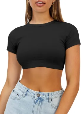 Womens Crop Tops Crewneck Y2K Summer T-Shirt Basic Short Sleeve Fitted Knit Ribbed Casual Blouse Cute Tee Shirt
