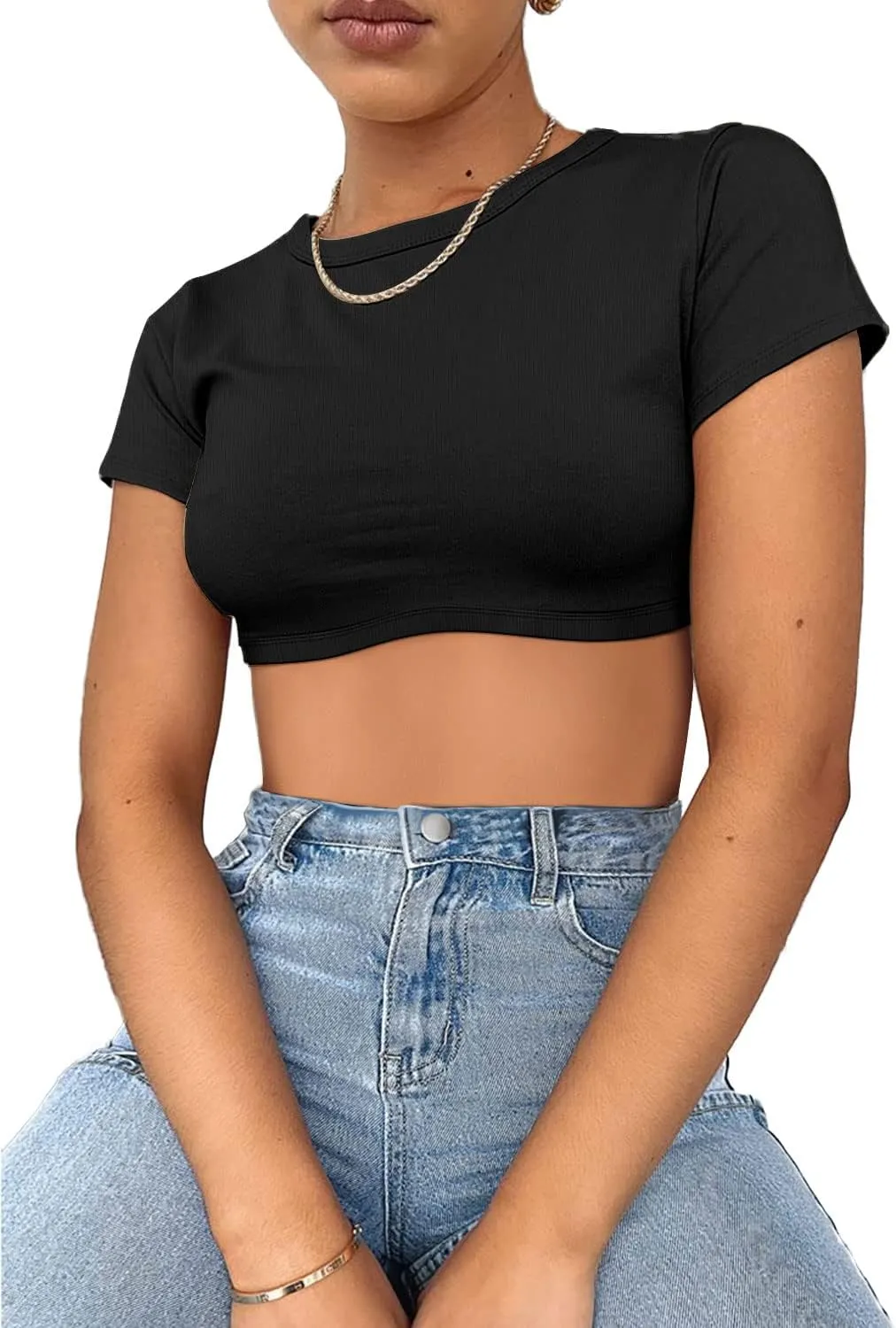 Womens Crop Tops Crewneck Y2K Summer T-Shirt Basic Short Sleeve Fitted Knit Ribbed Casual Blouse Cute Tee Shirt