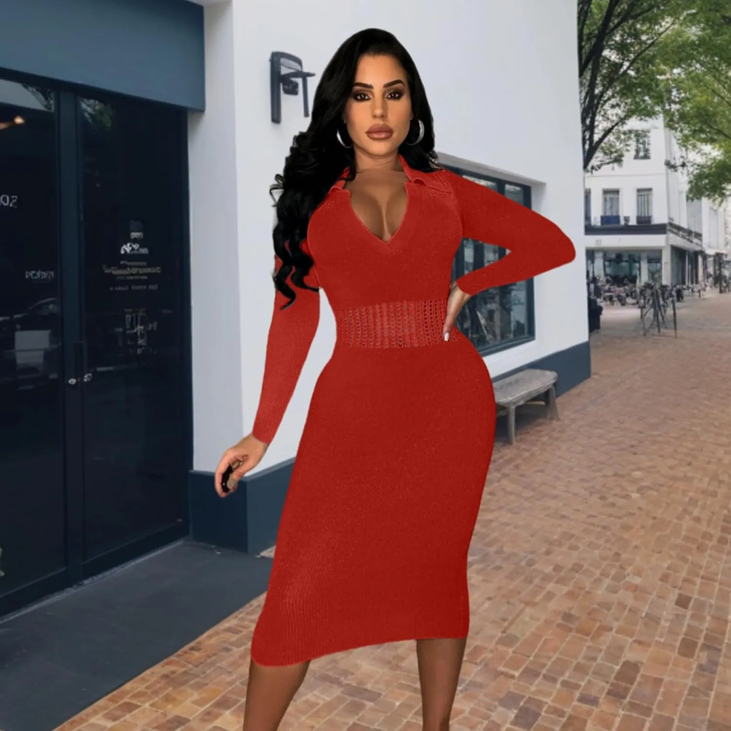 Women's Fashion Sexy Elegant Comfortable Fit Vital V-Neck Knitted Short Sleeve Dress