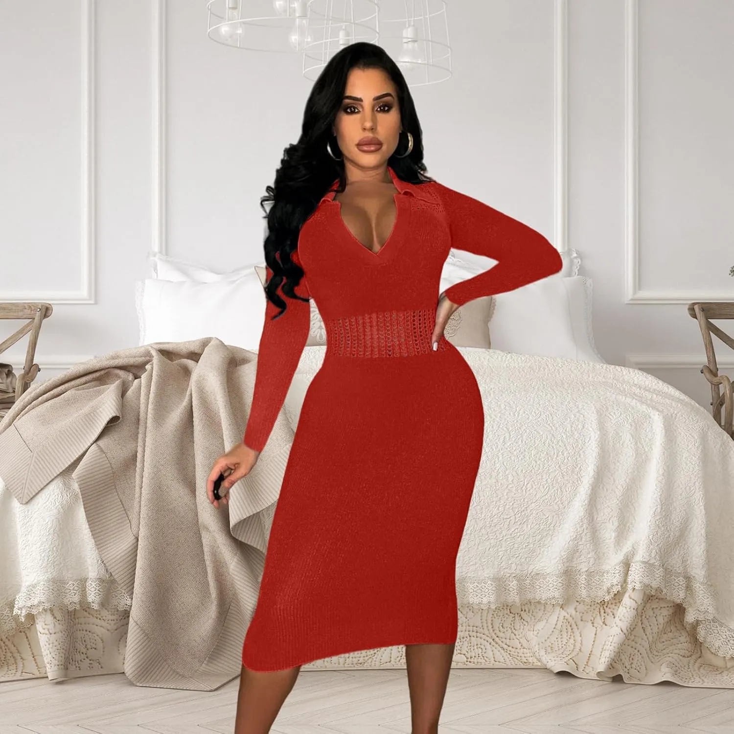 Women's Fashion Sexy Elegant Comfortable Fit Vital V-Neck Knitted Short Sleeve Dress