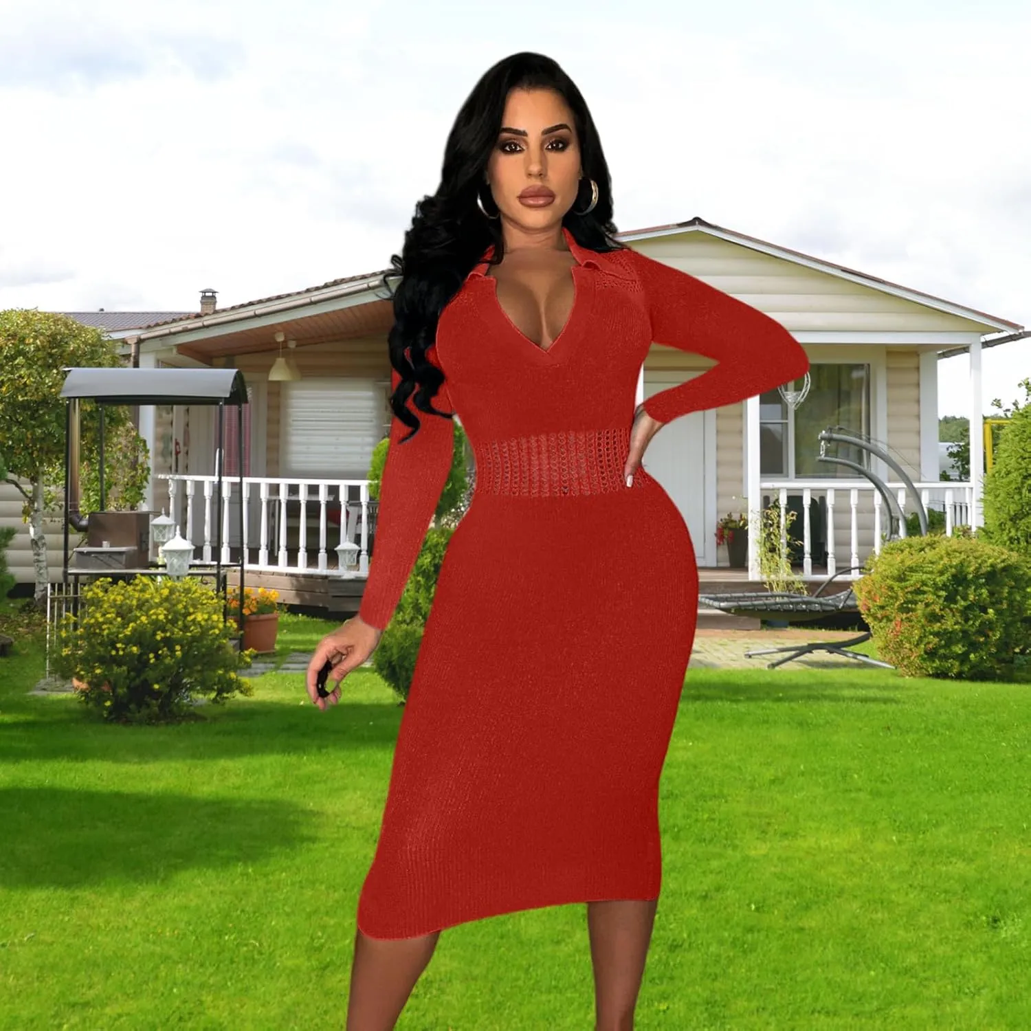 Women's Fashion Sexy Elegant Comfortable Fit Vital V-Neck Knitted Short Sleeve Dress