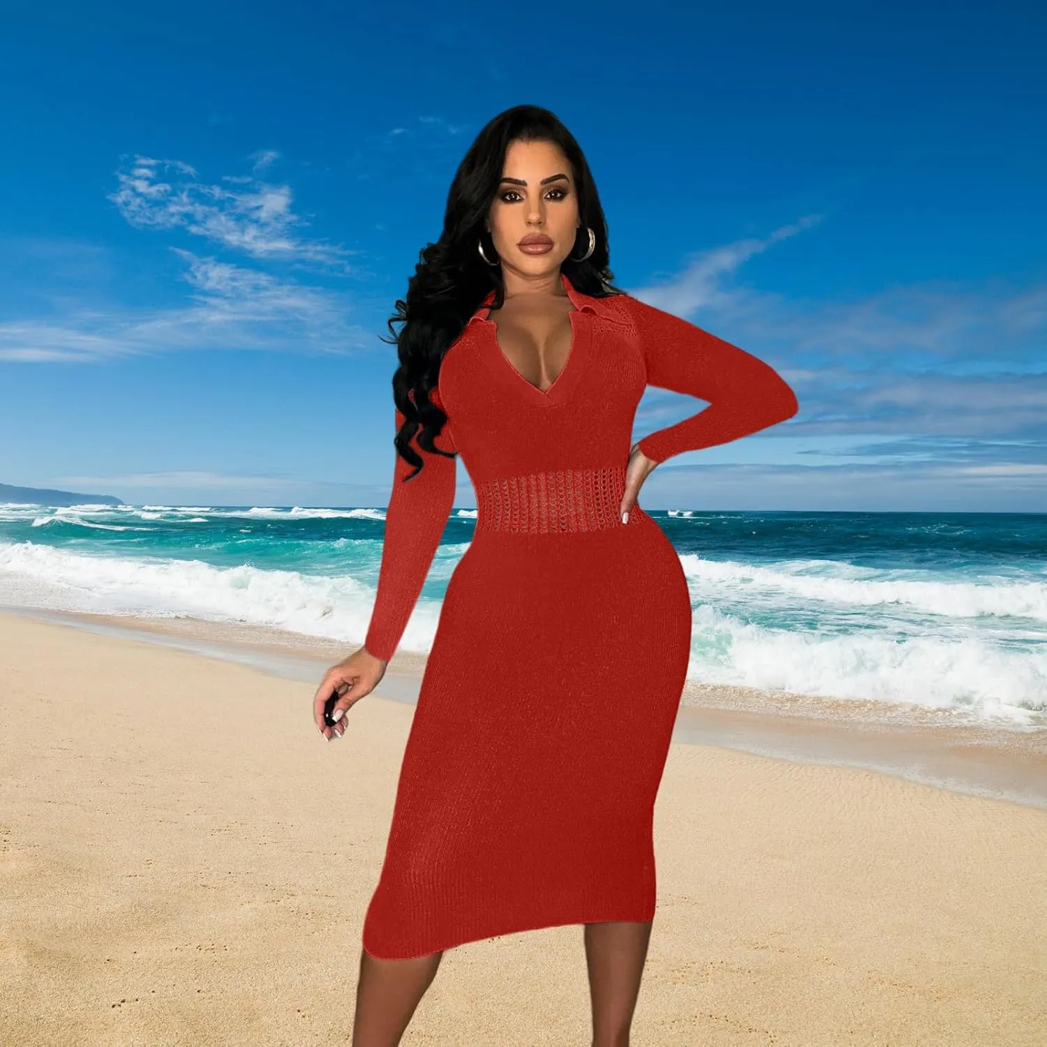 Women's Fashion Sexy Elegant Comfortable Fit Vital V-Neck Knitted Short Sleeve Dress