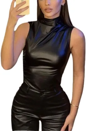 Women's FashionFaux Leather Pleated Sleeveless Asymmetrical Mock Neck Slim Tank Top