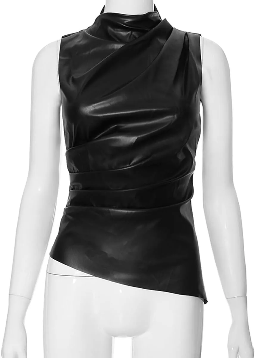 Women's FashionFaux Leather Pleated Sleeveless Asymmetrical Mock Neck Slim Tank Top