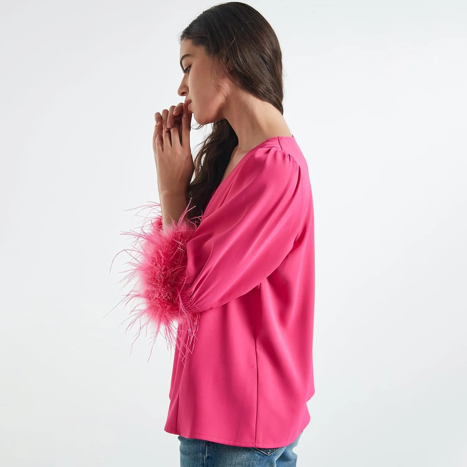 Women's Feather Blouse Party Top 3/4 Sleeve Cuff Casual V Neck Wedding Guest Cocktail Blouse T-Shirt