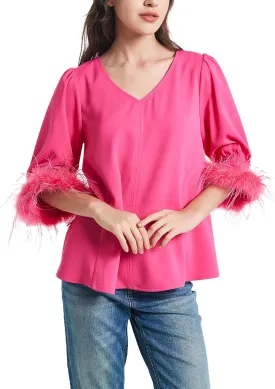 Women's Feather Blouse Party Top 3/4 Sleeve Cuff Casual V Neck Wedding Guest Cocktail Blouse T-Shirt