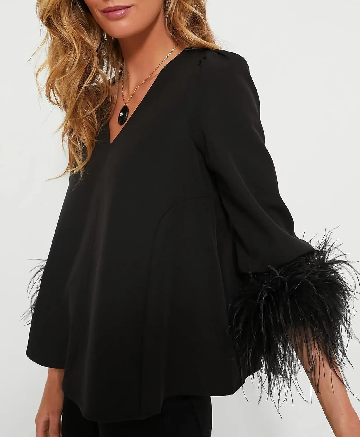 Women's Feather Blouse Party Top 3/4 Sleeve Cuff Casual V Neck Wedding Guest Cocktail Blouse T-Shirt