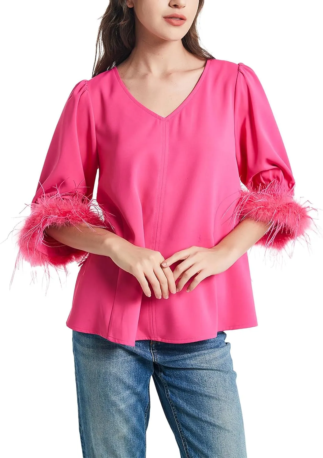 Women's Feather Blouse Party Top 3/4 Sleeve Cuff Casual V Neck Wedding Guest Cocktail Blouse T-Shirt