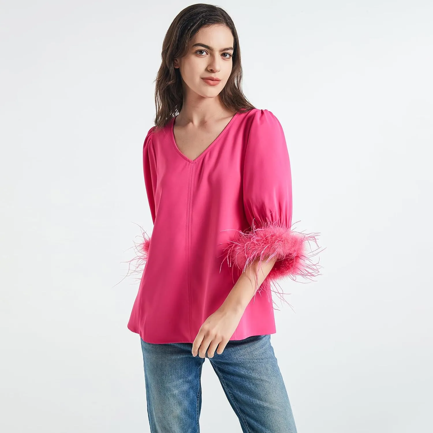 Women's Feather Blouse Party Top 3/4 Sleeve Cuff Casual V Neck Wedding Guest Cocktail Blouse T-Shirt