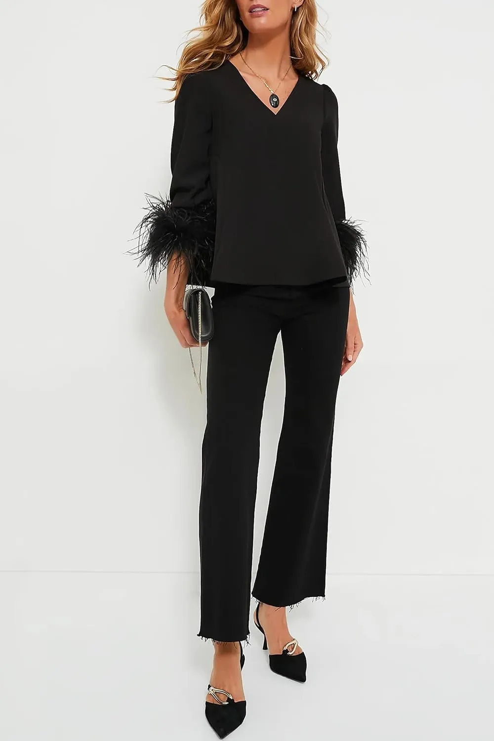 Women's Feather Blouse Party Top 3/4 Sleeve Cuff Casual V Neck Wedding Guest Cocktail Blouse T-Shirt