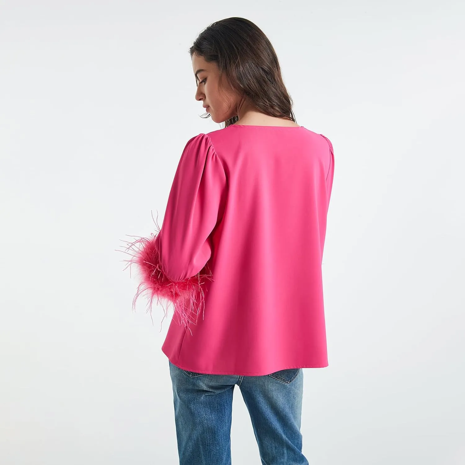 Women's Feather Blouse Party Top 3/4 Sleeve Cuff Casual V Neck Wedding Guest Cocktail Blouse T-Shirt