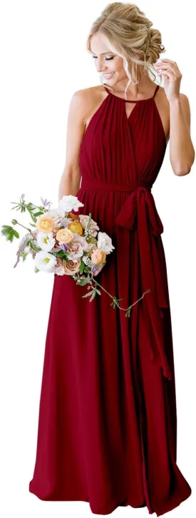 Women's Halter Pleated Chiffon Long Bridesmaid Dresses with Pockets Formal Dresses Evening Party Gown
