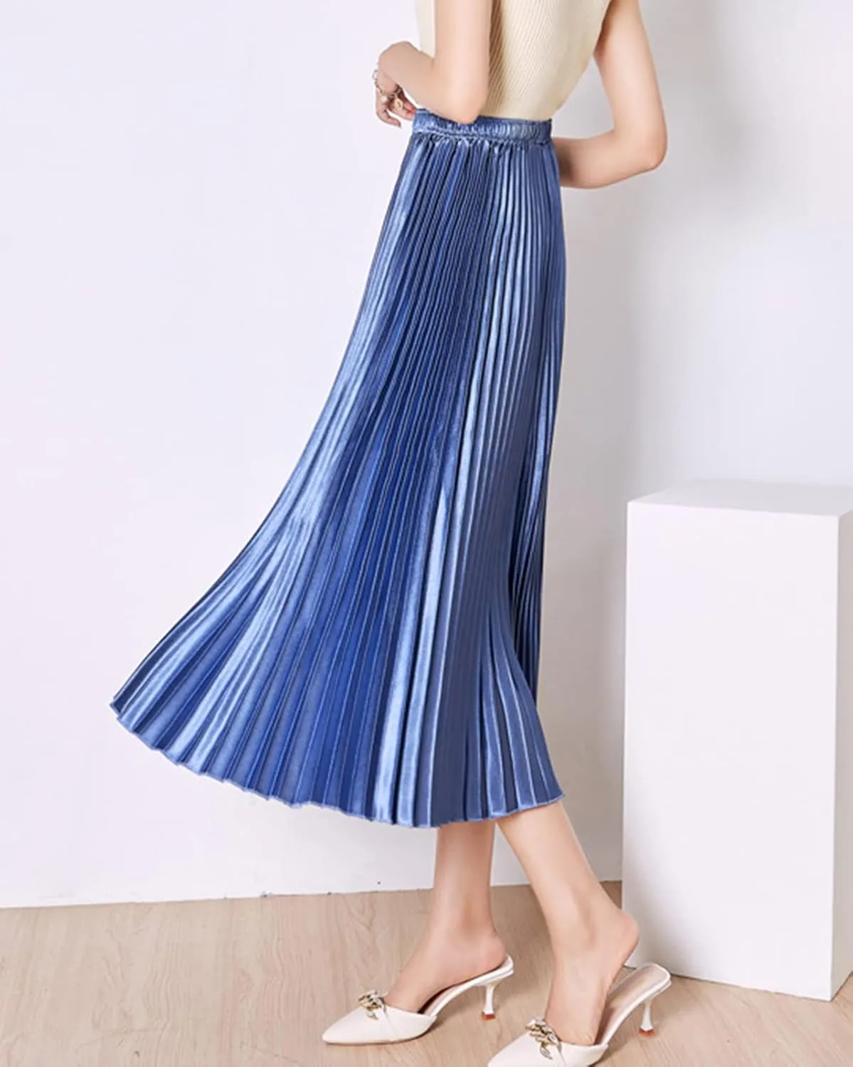 Women's Long Pleated Skirt Elastic Waist Party Metallic Shiny Accordion Pleated Midi Skirt for Women